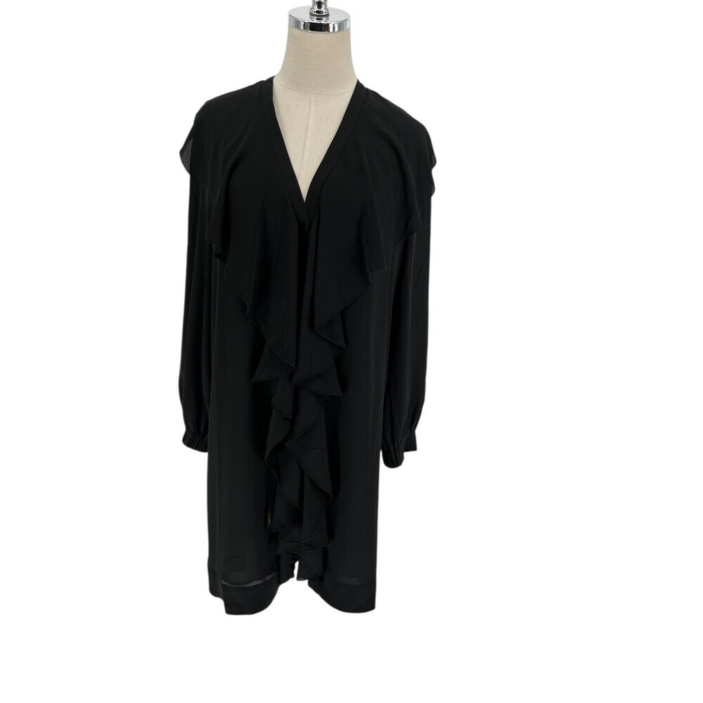 Chico's Black Label Dress Women's Size Small Black Ruffle Front Shift V-Neck